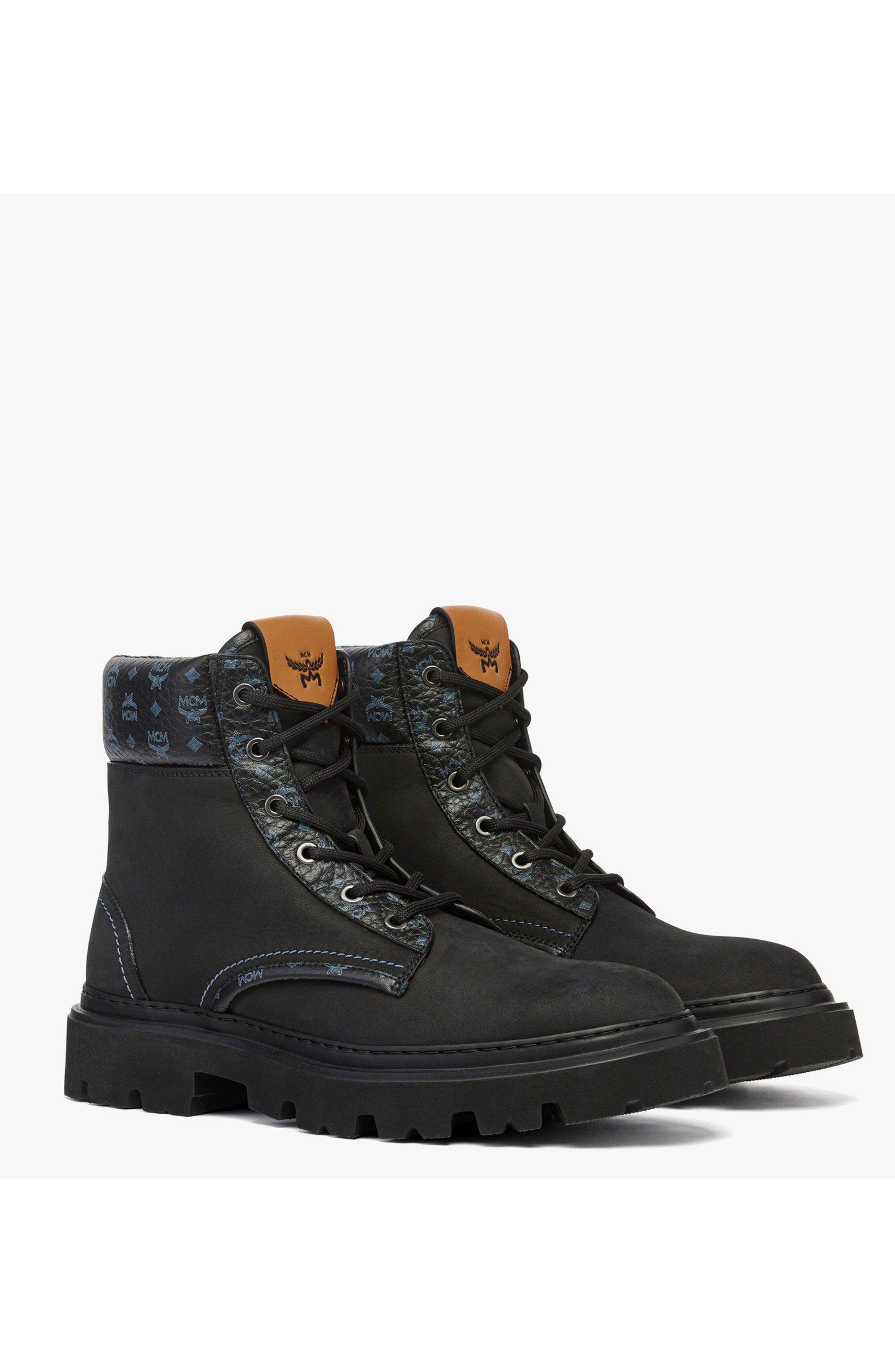 MCM Female Ankle Boots in Nubuck and Monogram Print Leather, Main, color, Black