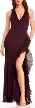 Dress the Population Kathleen Ruffle Halter Gown with Train