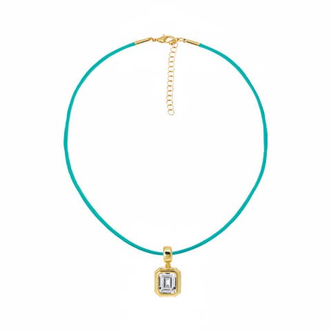 Colored CZ Emerald Bezel Pendant & Rope Chain Choker Necklace