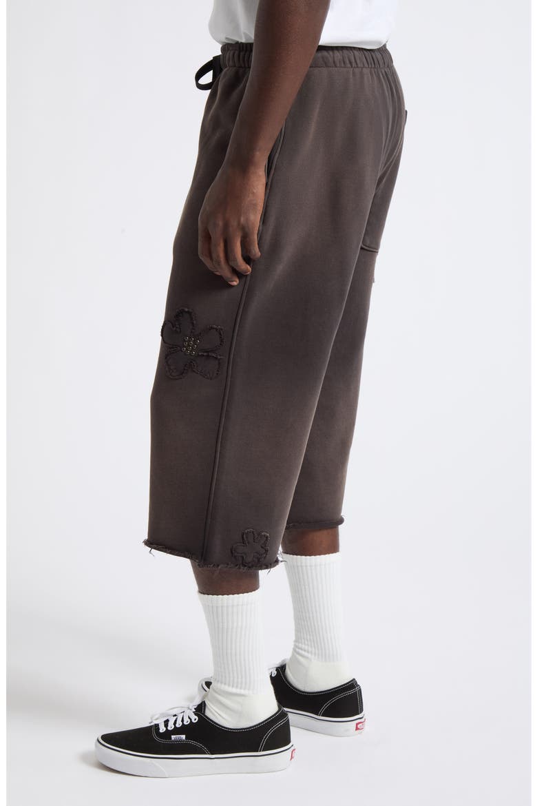 Distressed Studded Patch Raw Hem Long Sweat Shorts, Alternate, color, AGED BLACK TERRY