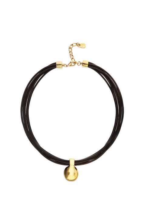 Leather necklace with large 18k gold-plated dial