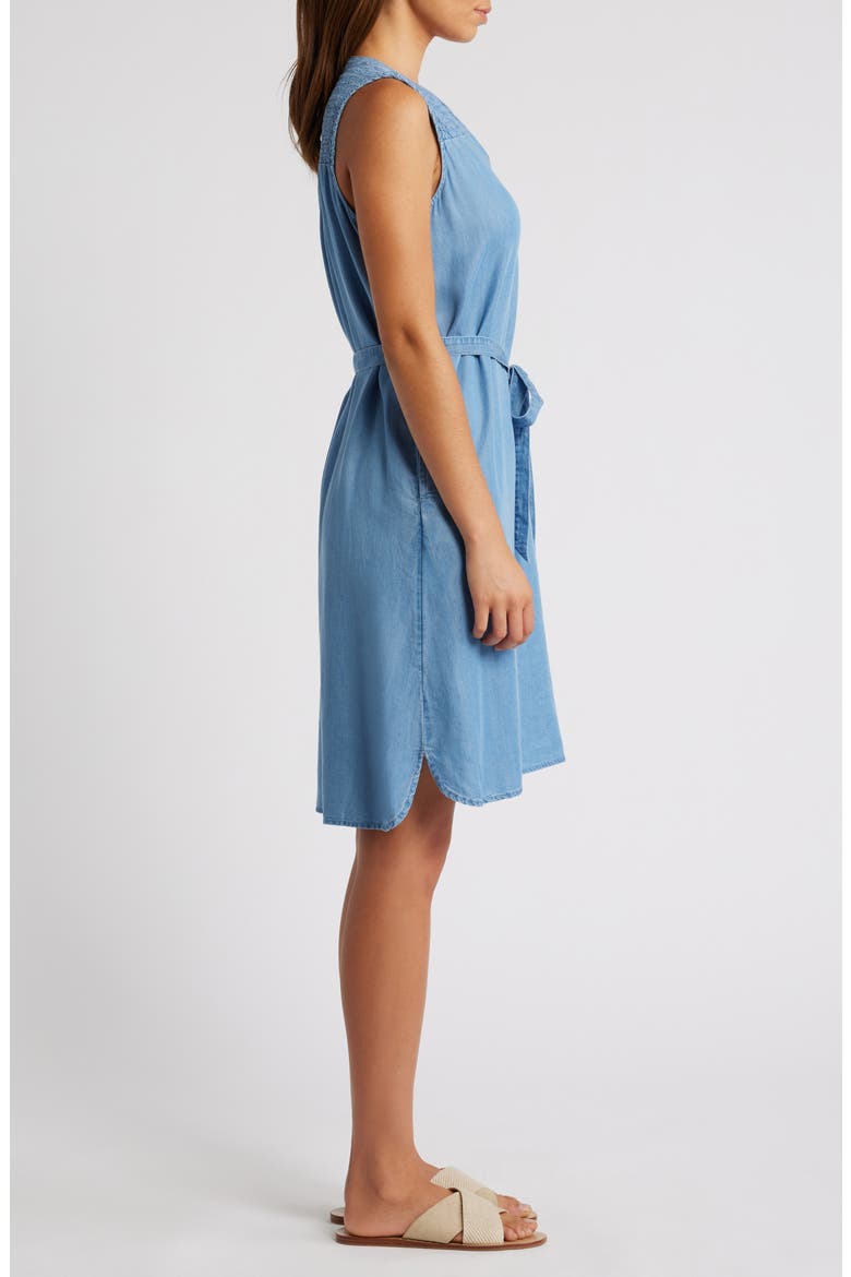 Riri Smocked Yoke Tie Waist Sleeveless Chambray Dress, Alternate, color, MEDIUM WASH