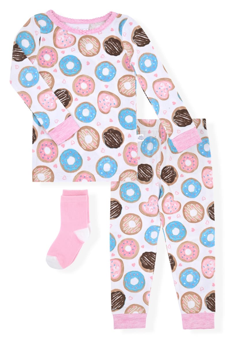 SLEEP ON IT Donuts Fitted Two-Piece Pajamas & Socks Set, Main, color, Pink