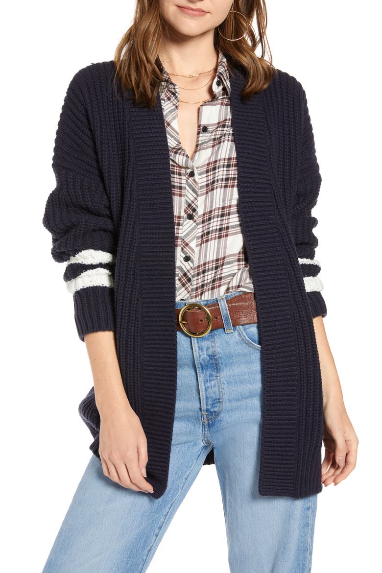 Stripe Detail Open Front Cotton & Wool Blend Cardigan, Main, color, NAVY- IVORY COMBO