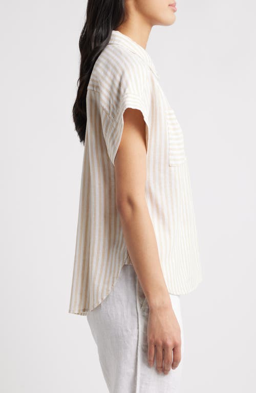 Caslonr Caslon(r) Linen Blend Short Sleeve Button-up Shirt In Tan- White Brianne Stripe