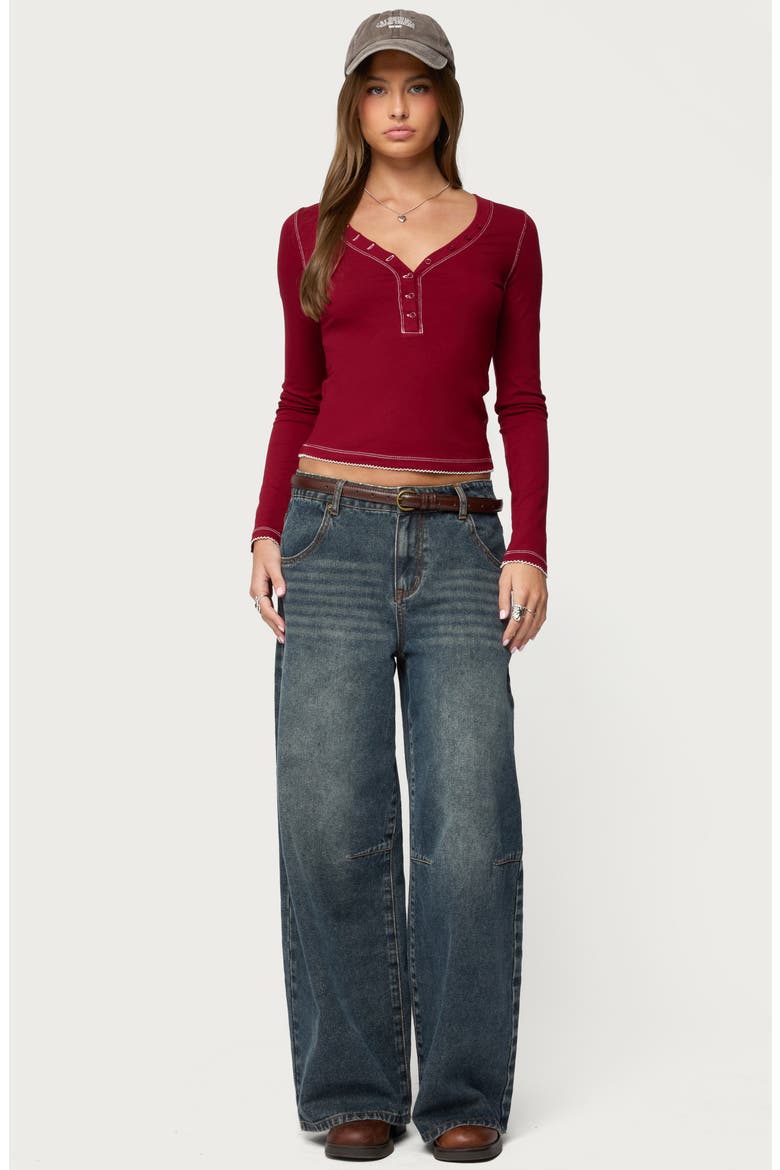 Yael Contrast Stitch Henley, Alternate, color, BURGUNDY