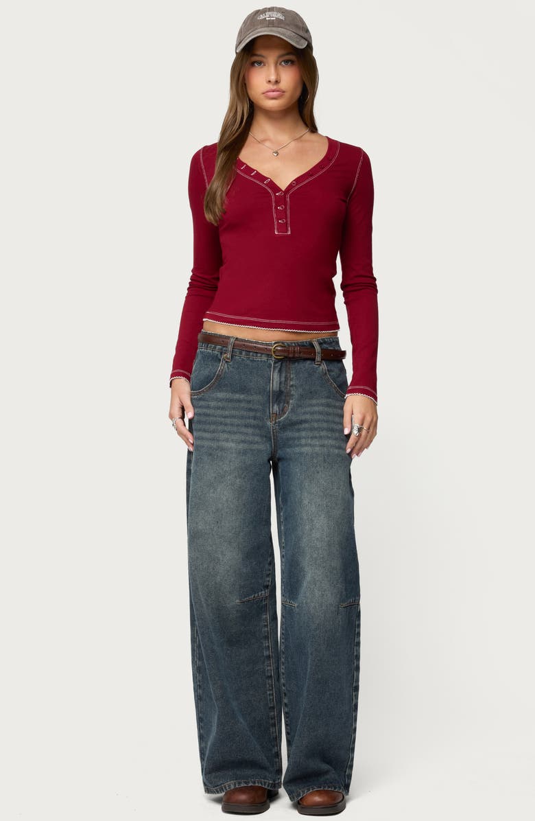 EDIKTED Yael Contrast Stitch Henley, Alternate, color, Burgundy