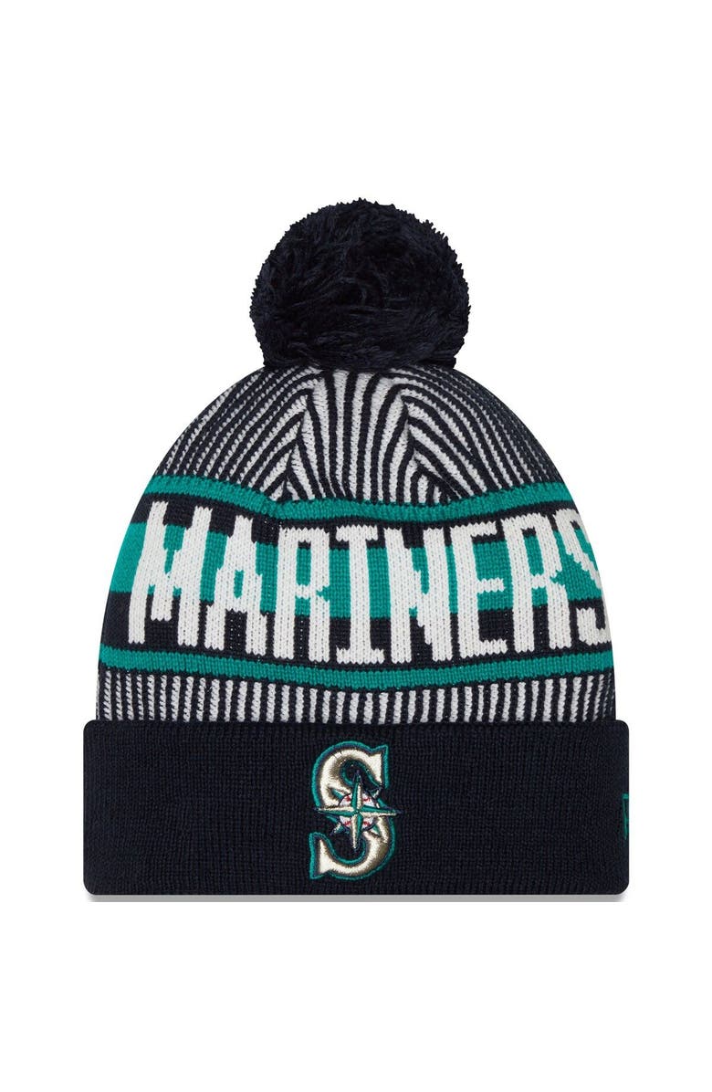 New Era Men's Fanatics Branded Navy Seattle Mariners Striped Cuffed Knit Hat with Pom, Main, color,