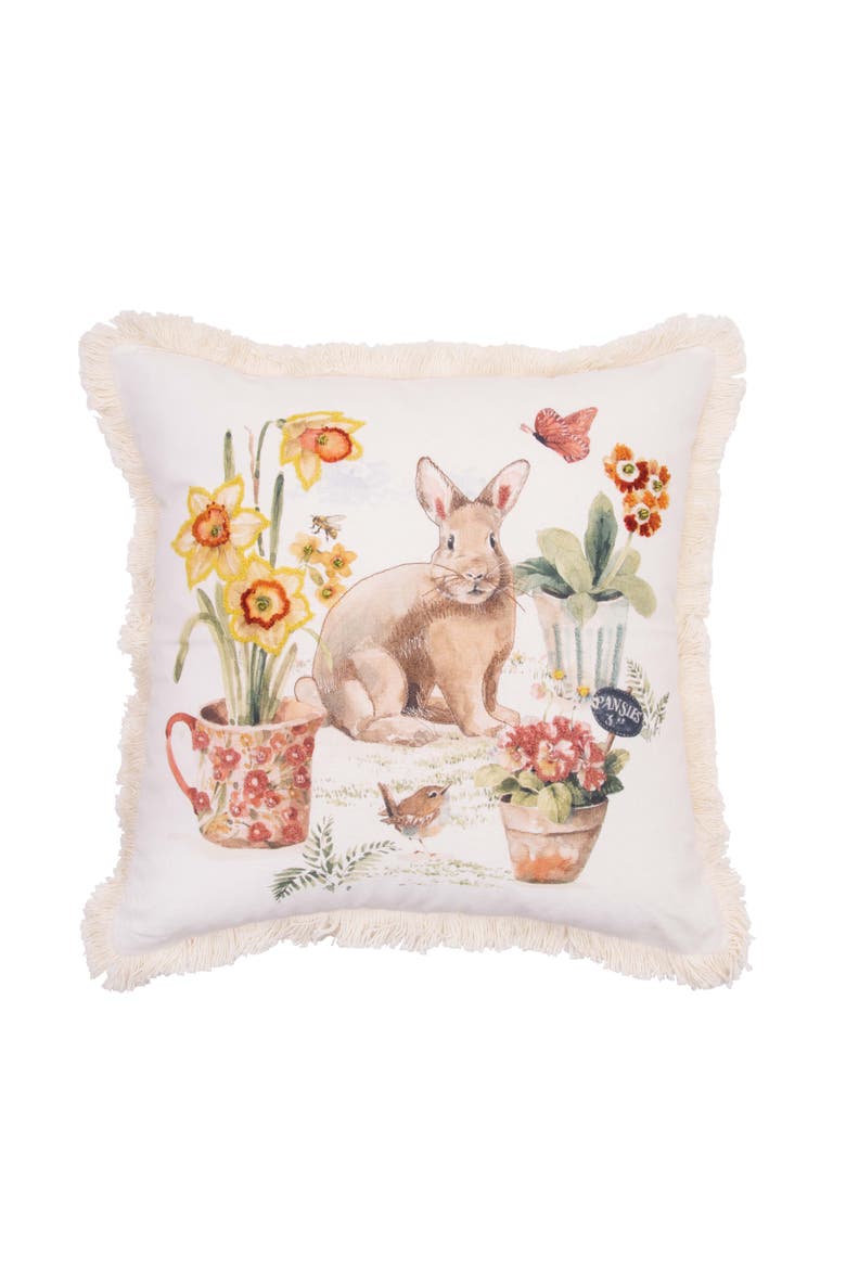 Little Garden Rabbit Bunny Fringed Graphic Print Throw Pillow, 18" x 18", Main, color, Yellow
