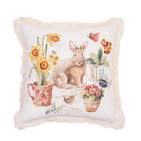 Little Garden Rabbit Bunny Fringed Graphic Print Throw Pillow, 18" x 18"