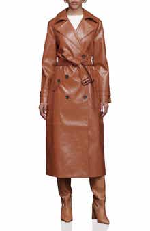 Avec Les Filles Double Breasted Faux Leather Trench Coat