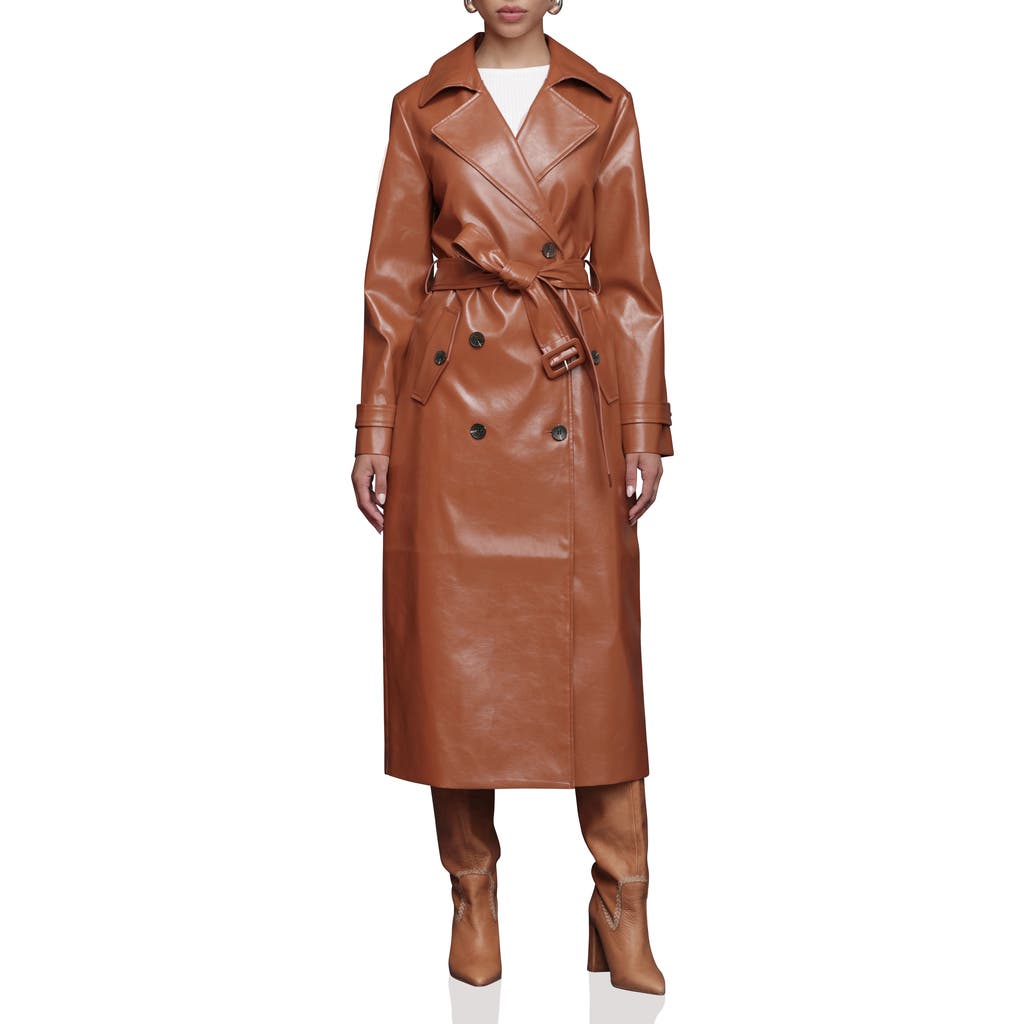 Avec Les Filles Double Breasted Faux Leather Trench Coat In Blue
