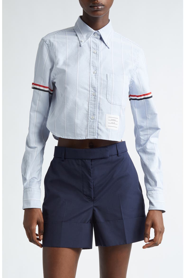 Armband Stripe Cotton Poplin Crop Button-Down Shirt, Main, color, NAVY