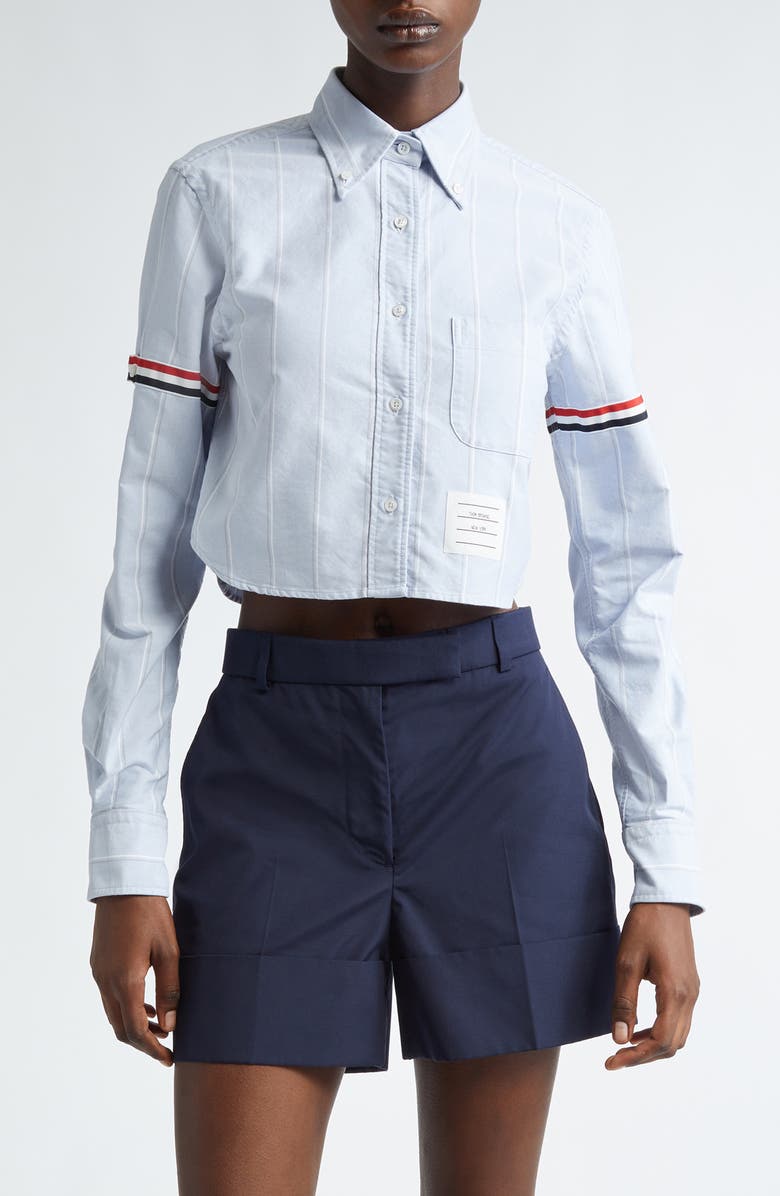 Thom Browne Armband Stripe Cotton Poplin Crop Button-Down Shirt, Main, color, Navy