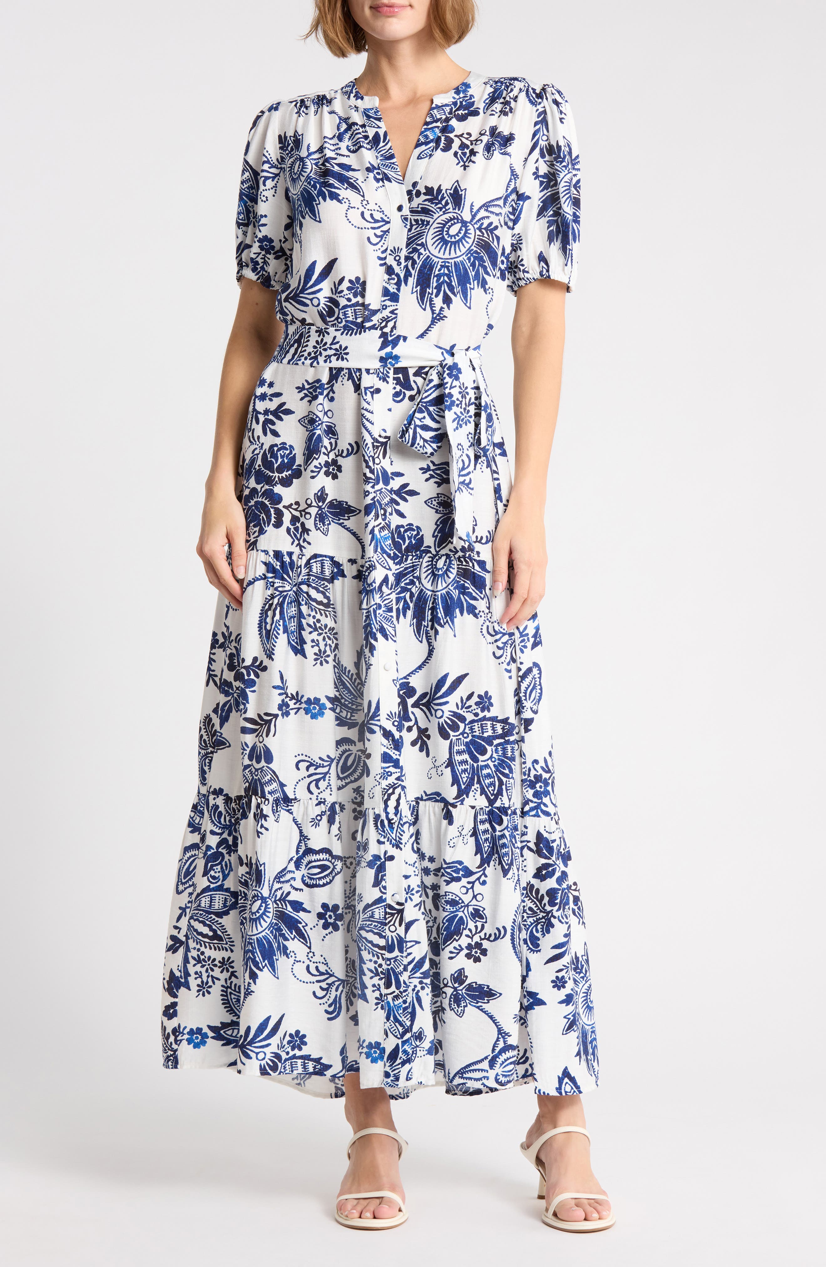 Paisley Puff Sleeve Tiered Maxi Shirtdress