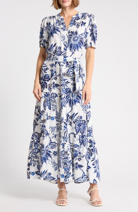 Paisley Puff Sleeve Tiered Maxi Shirtdress