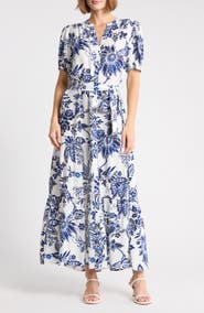 Halogen® Paisley Puff Sleeve Tiered Maxi Shirtdress