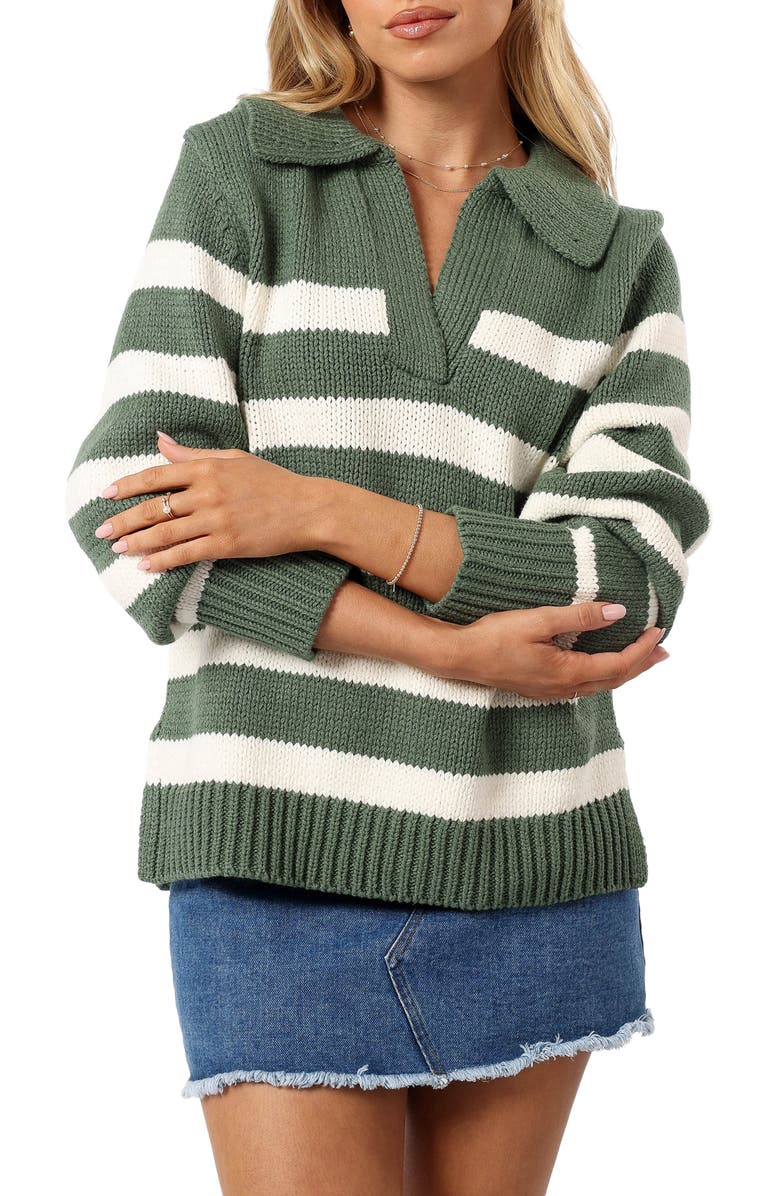 Petal & Pup Shea Stripe Johnny Collar Sweater, Main, color, Khaki White