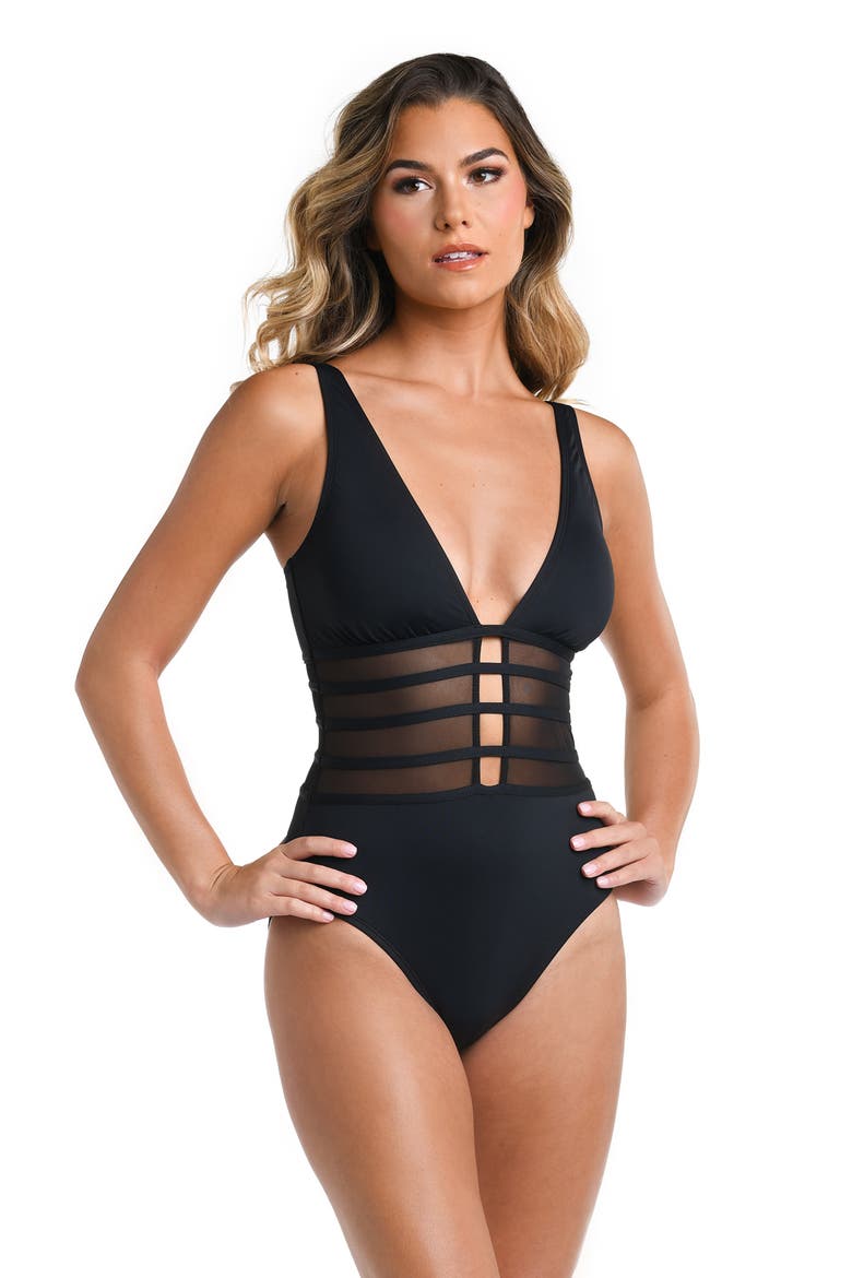 Strappy Mesh Inset One-Piece Swimsuit, Alternate, color, BLACK