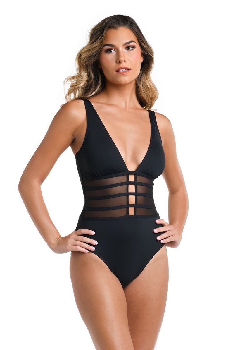 La Blanca Strappy Mesh Inset One-Piece Swimsuit, Alternate, color, Black
