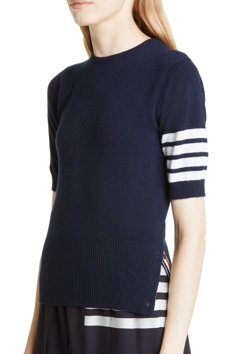 4-Bar Short Sleeve Cashmere Sweater, Alternate, color, NAVY