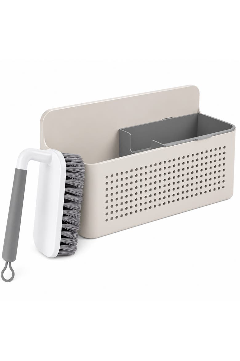 Compact Wall Mounted Sink Organizer Set with Removable Sponge Tray, Ergonomic Scrub Brush, Versatile Kitchen Storage, Main, color, Beige
