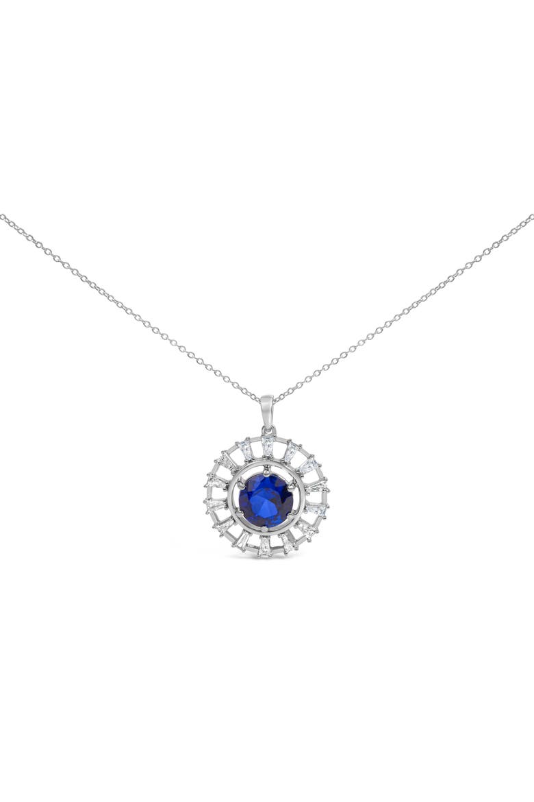Sterling Silver Lab Grown Sapphire and 3/5 Cttw Baguette Diamond Medallion Pendant Necklace, Main, color, Silver