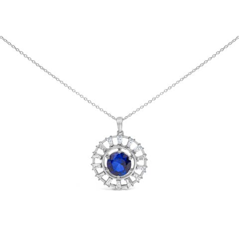 Sterling Silver Lab Grown Sapphire and 3/5 Cttw Baguette Diamond Medallion Pendant Necklace