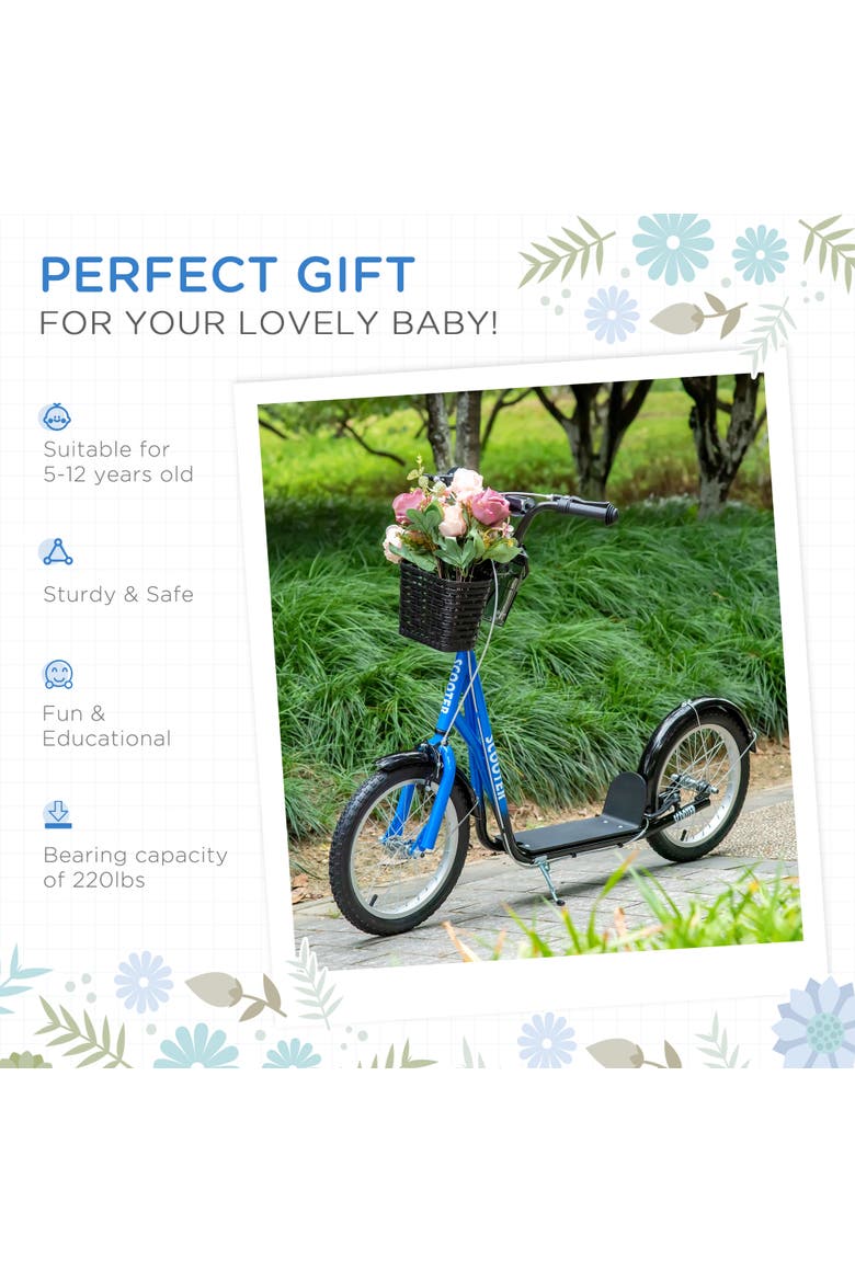Youth Kick Scooter with Adjustable Handlebars, Double Brakes, Tires, Basket, Cupholder, Alternate, color, Blue