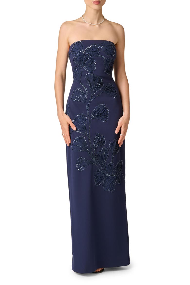 Sequin Strapless Crepe Gown, Main, color, DARK NAVY