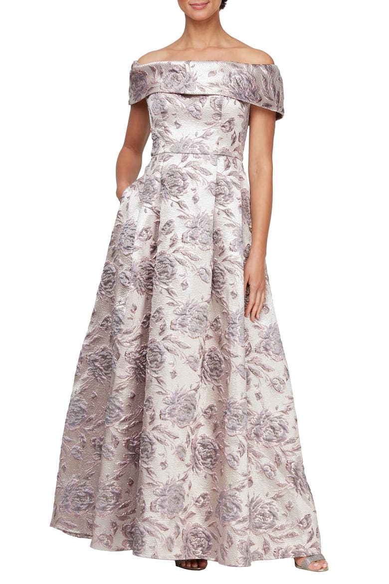 Metallic Floral Off the Shoulder Jacquard Gown, Main, color, MAUVE