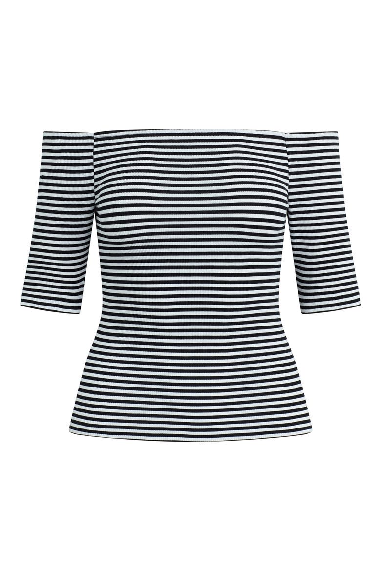 Sara Off the Shoulder Rib Top, Alternate, color, BLACK/ WHITE STRIPE