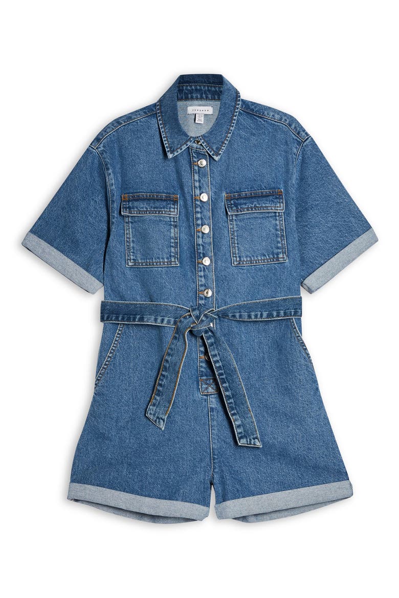 Denim Button-Down Romper, Alternate, color, MID DENIM
