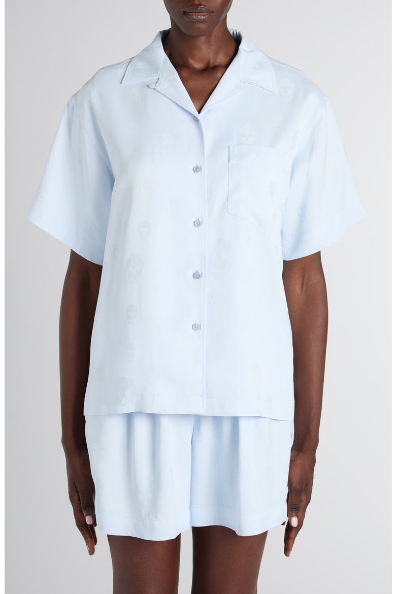 Skull Jacquard Satin Pajama Shirt, Main, color, TURQUOISE BLUE