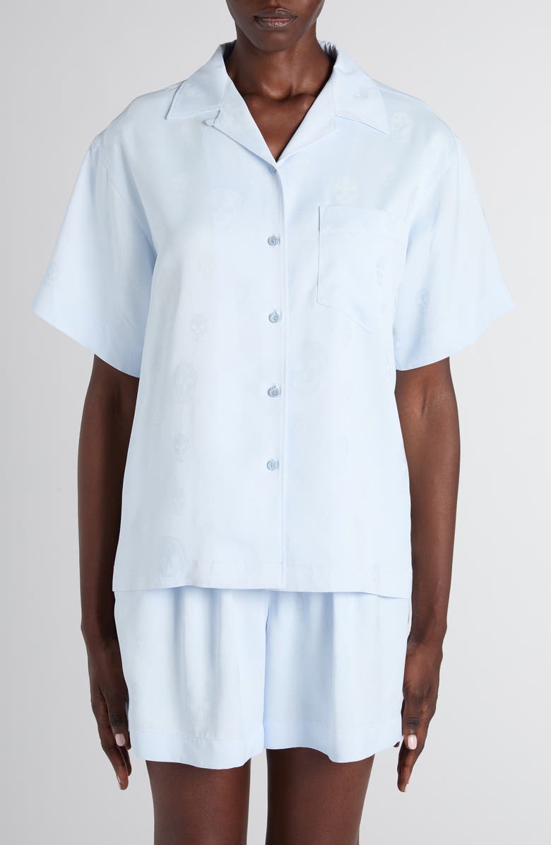 McQueen Skull Jacquard Satin Pajama Shirt, Main, color, Turquoise Blue
