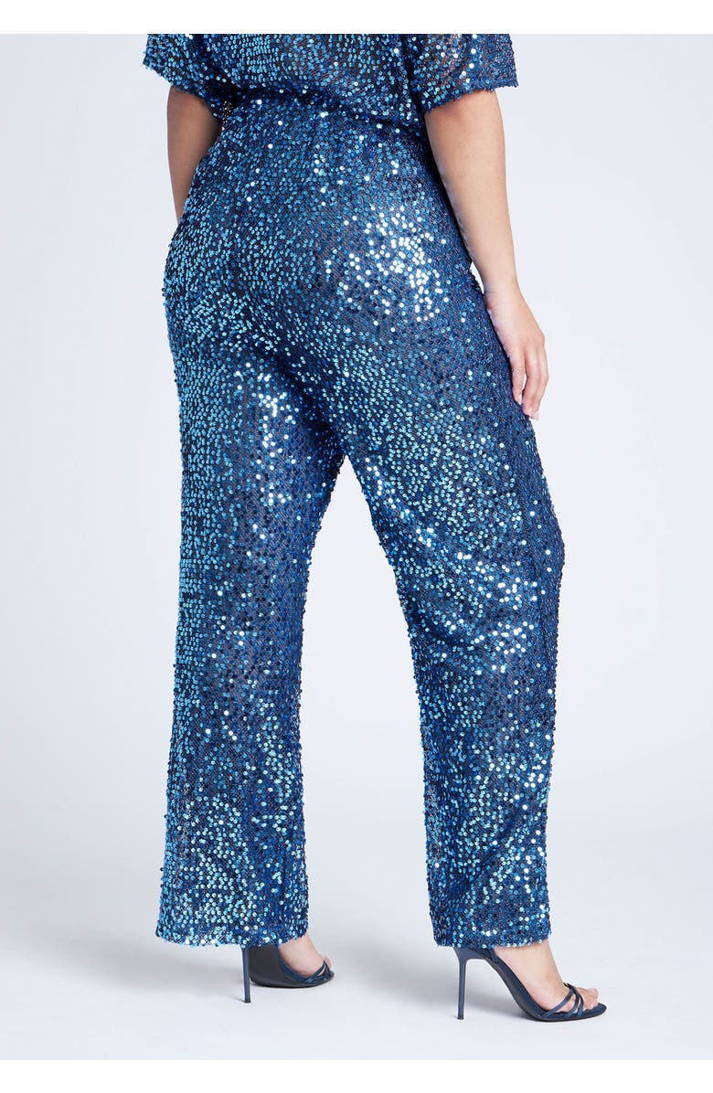ELOQUII Sequin Open Mesh Straight Leg Pant, Alternate, color, Blue Steel