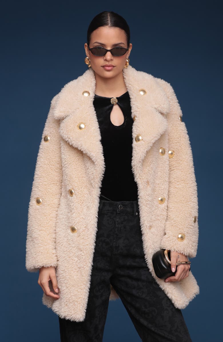 Avec Les Filles Stud Detail Faux Fur Coat, Alternate, color, Ivory-Gold Studded
