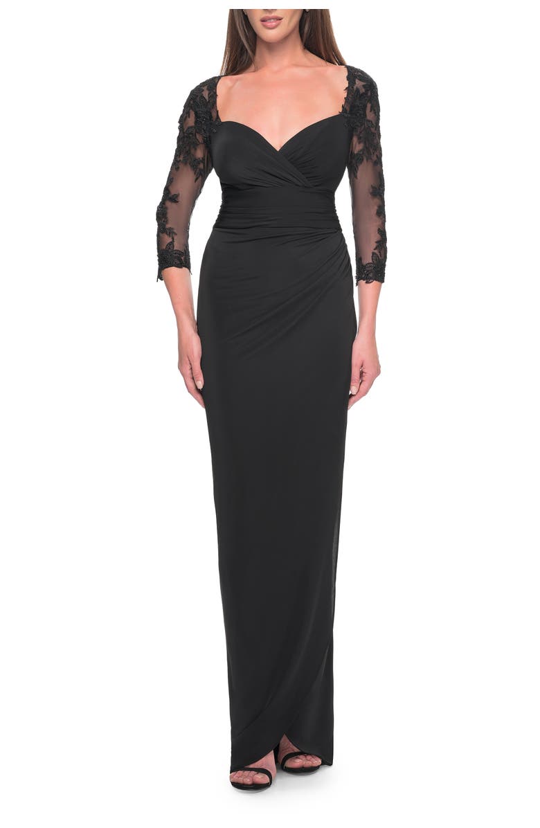 La Femme Long Jersey Evening Dress with Lace Sleeves, Main, color, Black