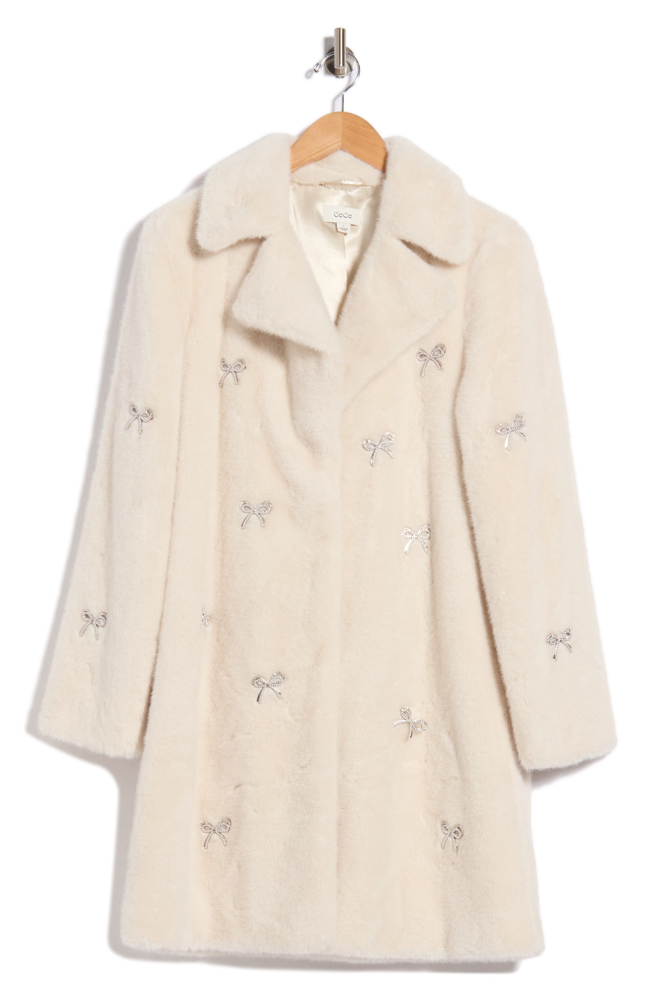 Bow Embellished Faux Fur Coat