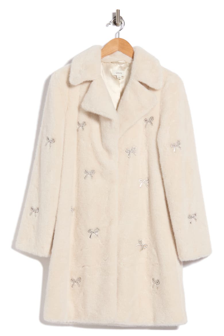 Bow Embellished Faux Fur Coat, Main, color, IVORY
