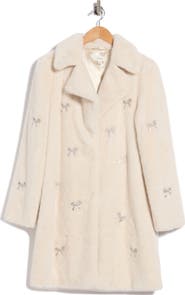 CeCe Bow Embellished Faux Fur Coat