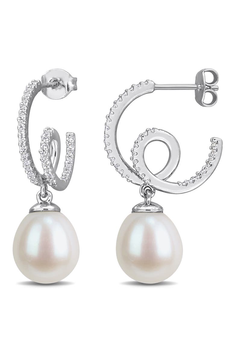 Created White Sapphire & Imitation Pearl J-Hoop Earrings, Main, color, WHITE GOLD