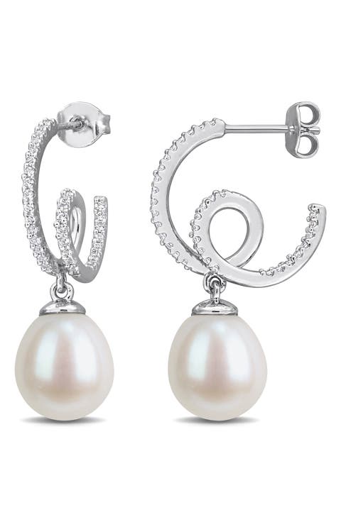 Created White Sapphire & Imitation Pearl J-Hoop Earrings
