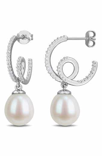 Created White Sapphire & Imitation Pearl J-Hoop Earrings