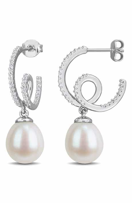 Created White Sapphire & Imitation Pearl J-Hoop Earrings