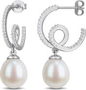 DELMAR Created White Sapphire & Imitation Pearl J-Hoop Earrings
