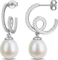 DELMAR Created White Sapphire & Imitation Pearl J-Hoop Earrings