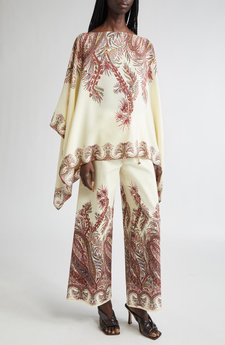 Etro Paisley Border Silk Poncho Top, Alternate, color, Stampa F.do Bianco