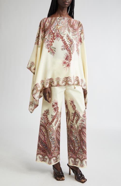 Etro , Silk Poncho Top With Placed Print, Woman, Multicolour In White