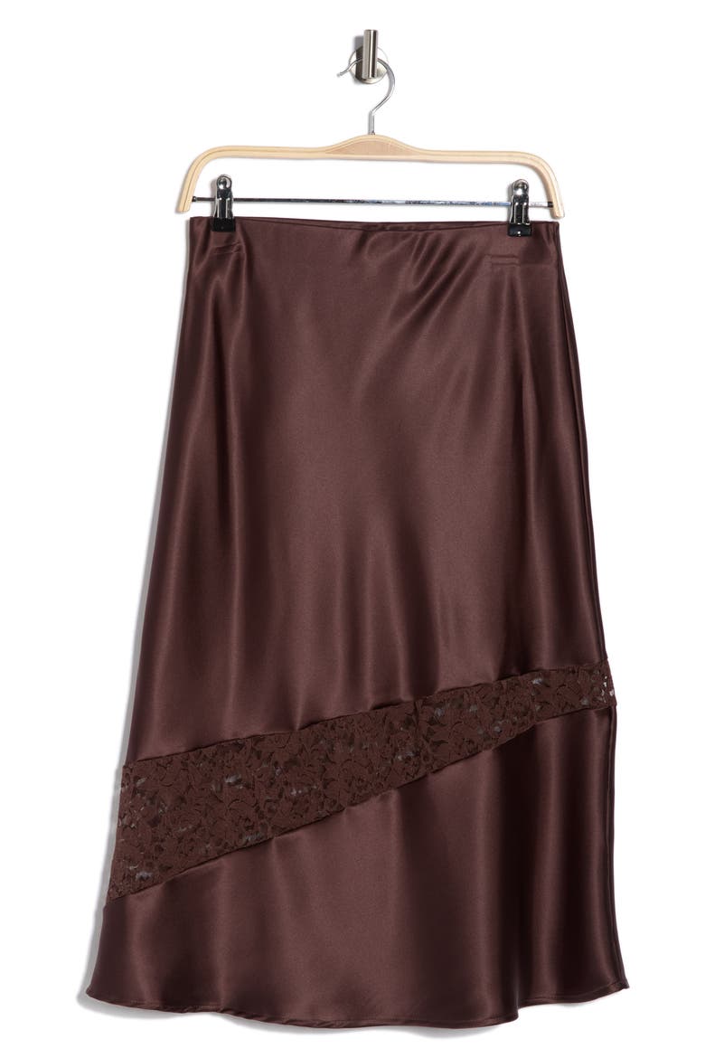 Satin & Lace Midi Skirt, Alternate, color, BROWN